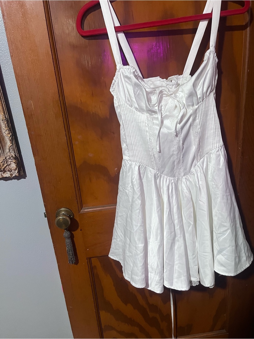 Cider White Satin Pintuck Cami Mini Dress with Lace Tie